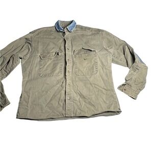 Ruff Hewn Mens Khaki Utility Work Shirt Denim Collar‎ Button Down Size M